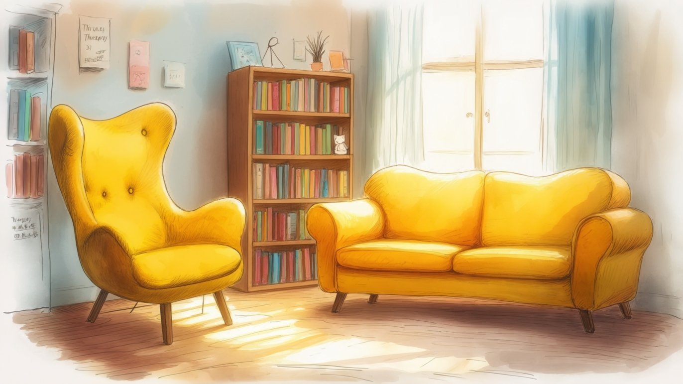 Illustration of a calm, sunlit room with a yellow armchair, sofa and bookshelf