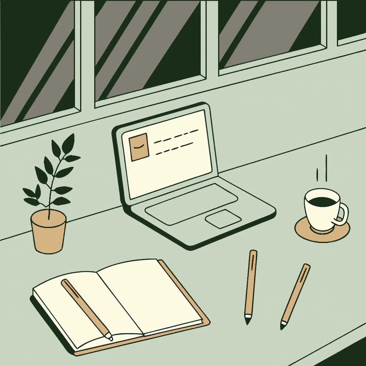 Illustration of a desk by a window with a laptop, open notebook, plant and cup of tea, in sage green and gold