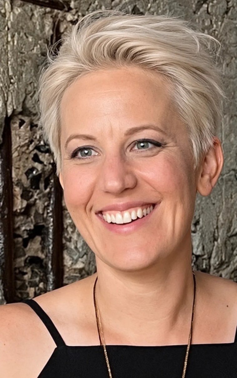Mandy Nevakshonoff smiling in front of a textured stone wall
